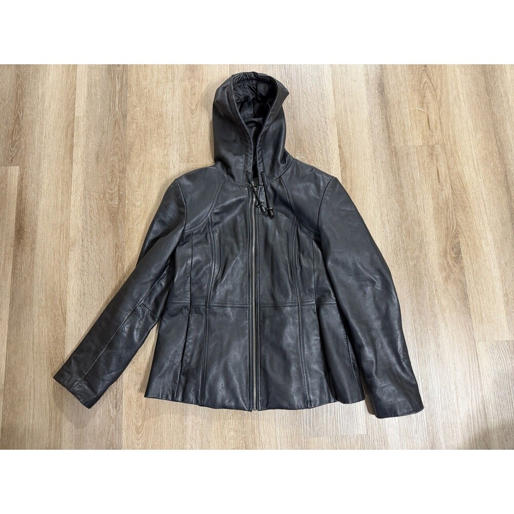 Kenneth Cole Reaction Women’s Hooded Genuine Leather Zip Up Jacket Size Large
